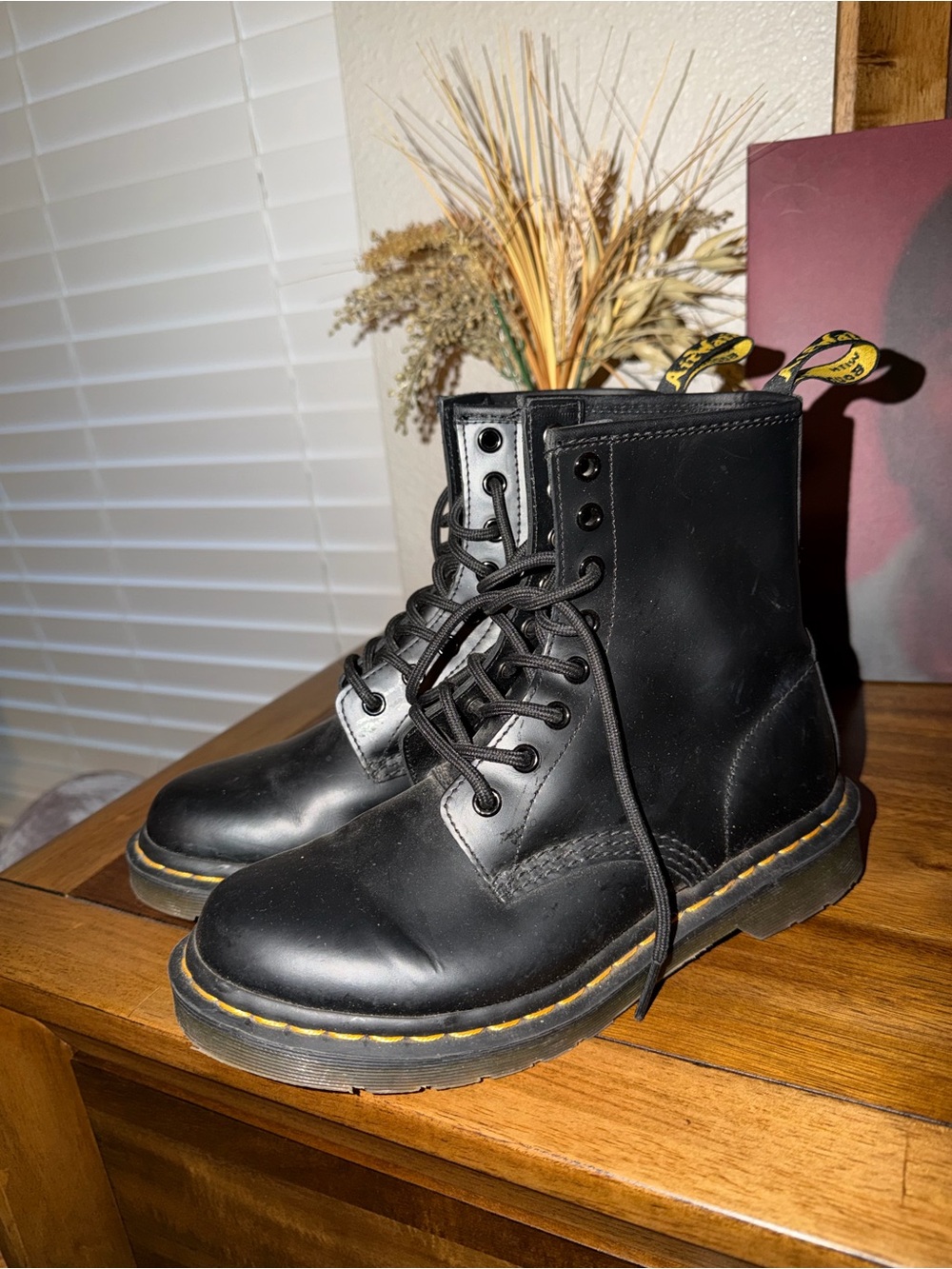 Dr. Martens Black Leather Lace-Up Boots with Yellow Stitching